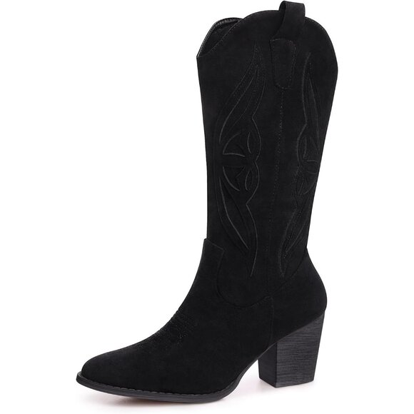 Women 1828-black Suede leather Embroidered Country Heel Pointed Toe Booties - Picture 1 of 6